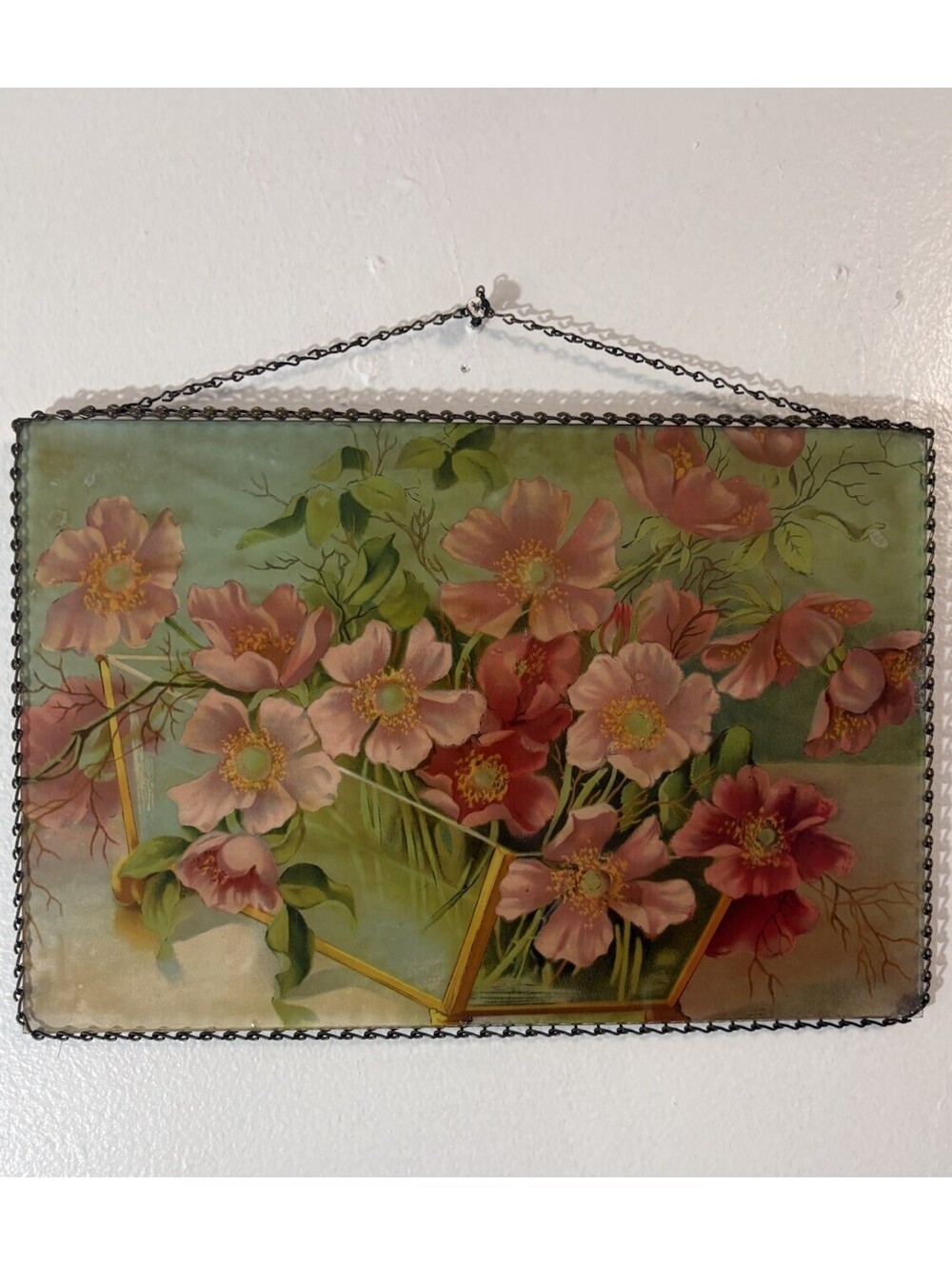 Rare  Antique Reverse Glass Painting With Chain Frame. Pink Flowers Floral. VHTF